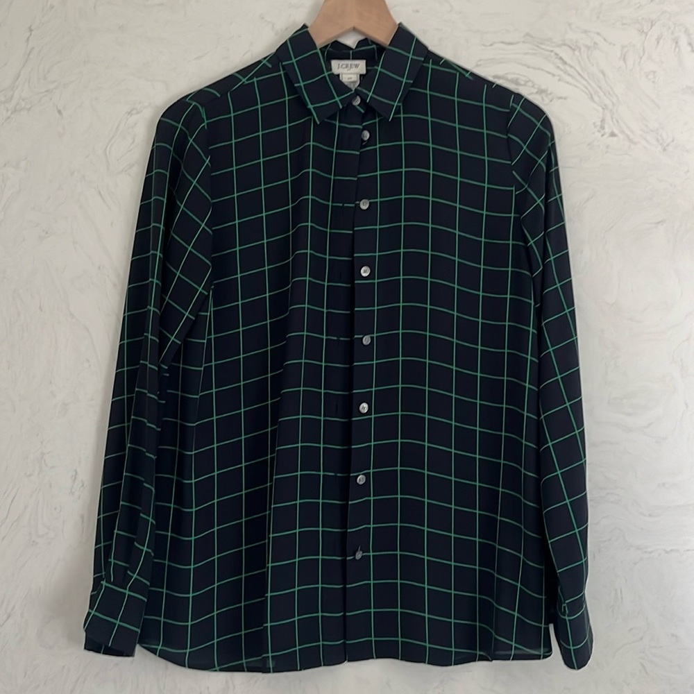 J-Crew Navy blouse with green geometric print.
